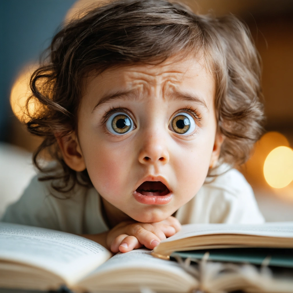 Un enfant avec de grands yeux regarde perplexe, illustrant l'apprentissage de l'expression des émotions dans un environnement chaleureux.