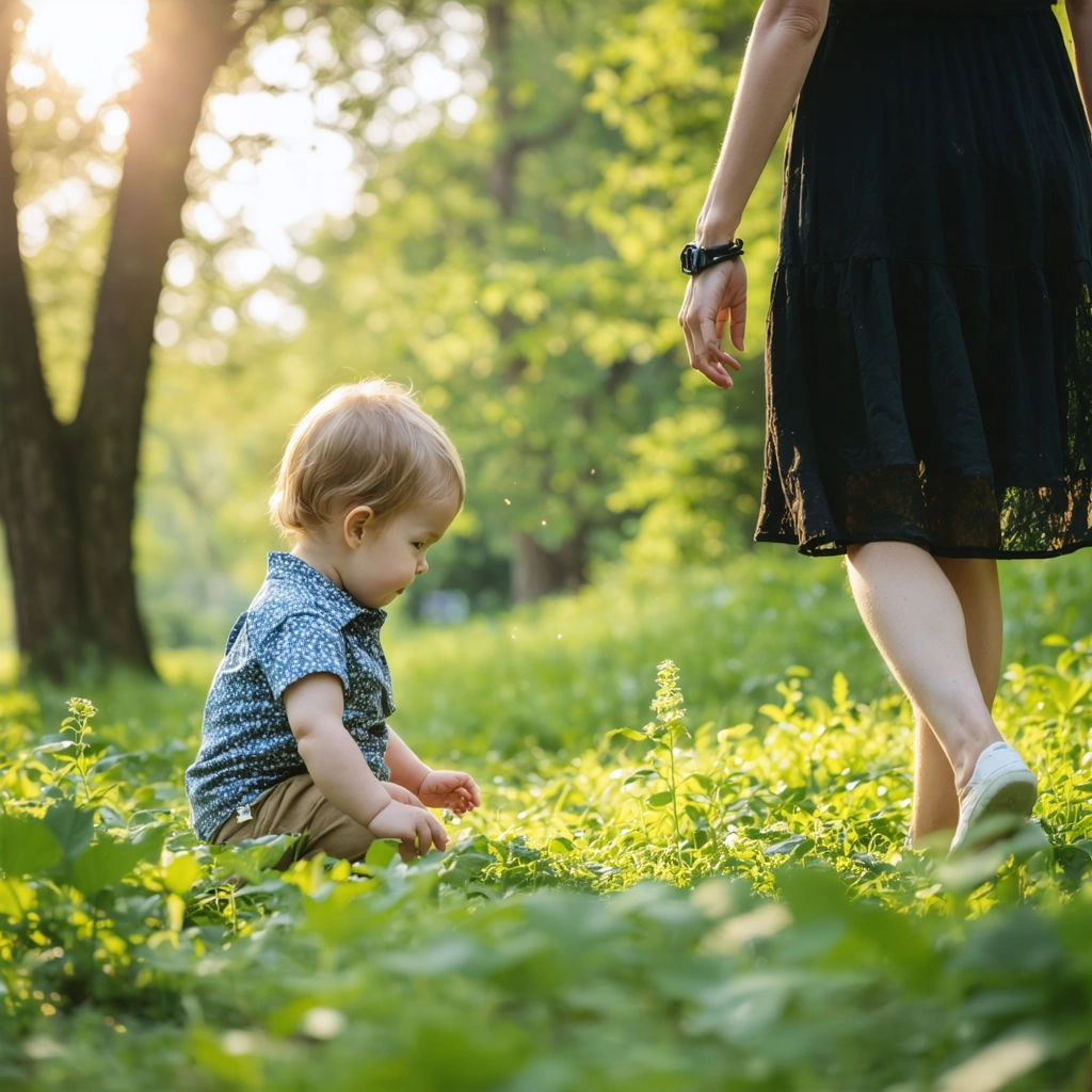 Un enfant accompagné d'un parent explorant un parc local, entouré de nature et de verdure, avec des éléments sensoriels et une lumière naturelle douce.