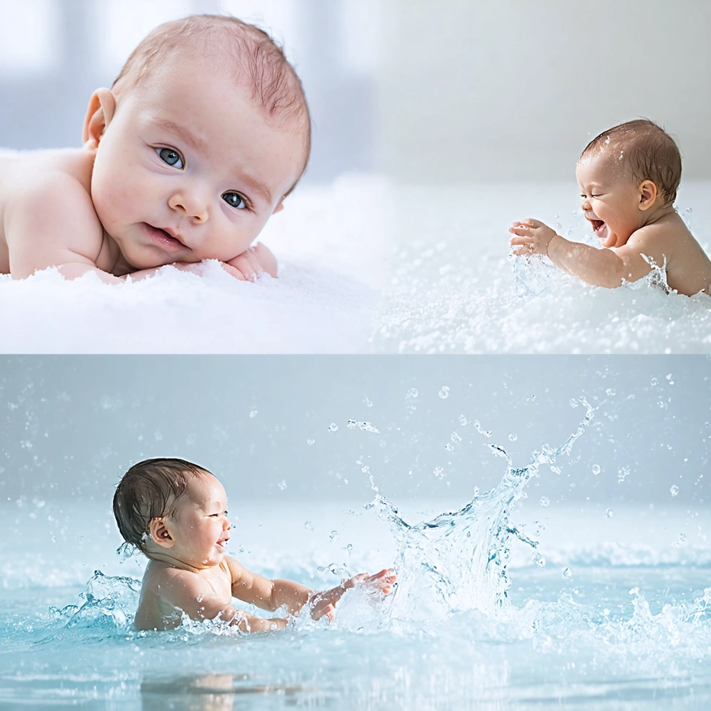 Une scène paisible montrant un bébé tendre dans un décor enneigé délicat, un bébé de trois mois jouant doucement dans l'eau, et un enfant d'un an s'amusant joyeusement dans l'eau, exprimant la liberté et le bonheur.