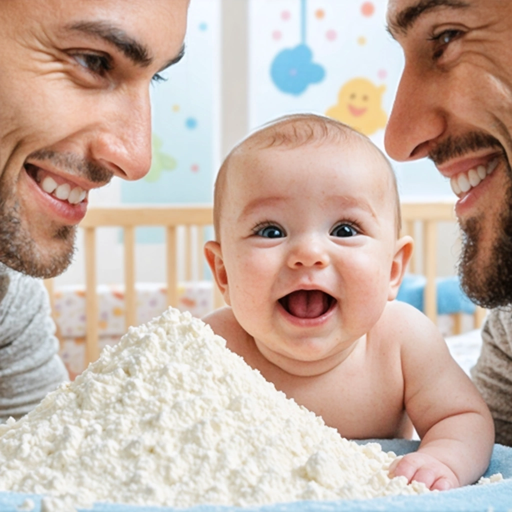 Un bébé heureux assis à côté d'une boîte de lait sans caroube, avec des parents souriants en arrière-plan