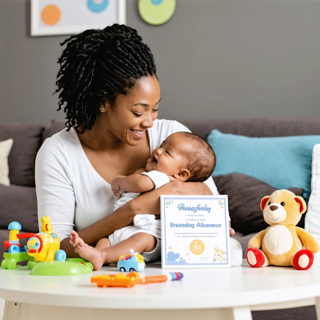 Une maman joyeuse allaitant son bébé dans un salon douillet avec des jouets et un certificat sur la table.