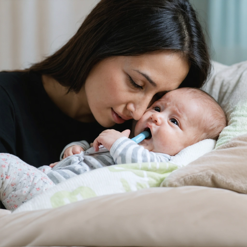 Une maman calme son bébé en pleurs pendant la poussée dentaire.