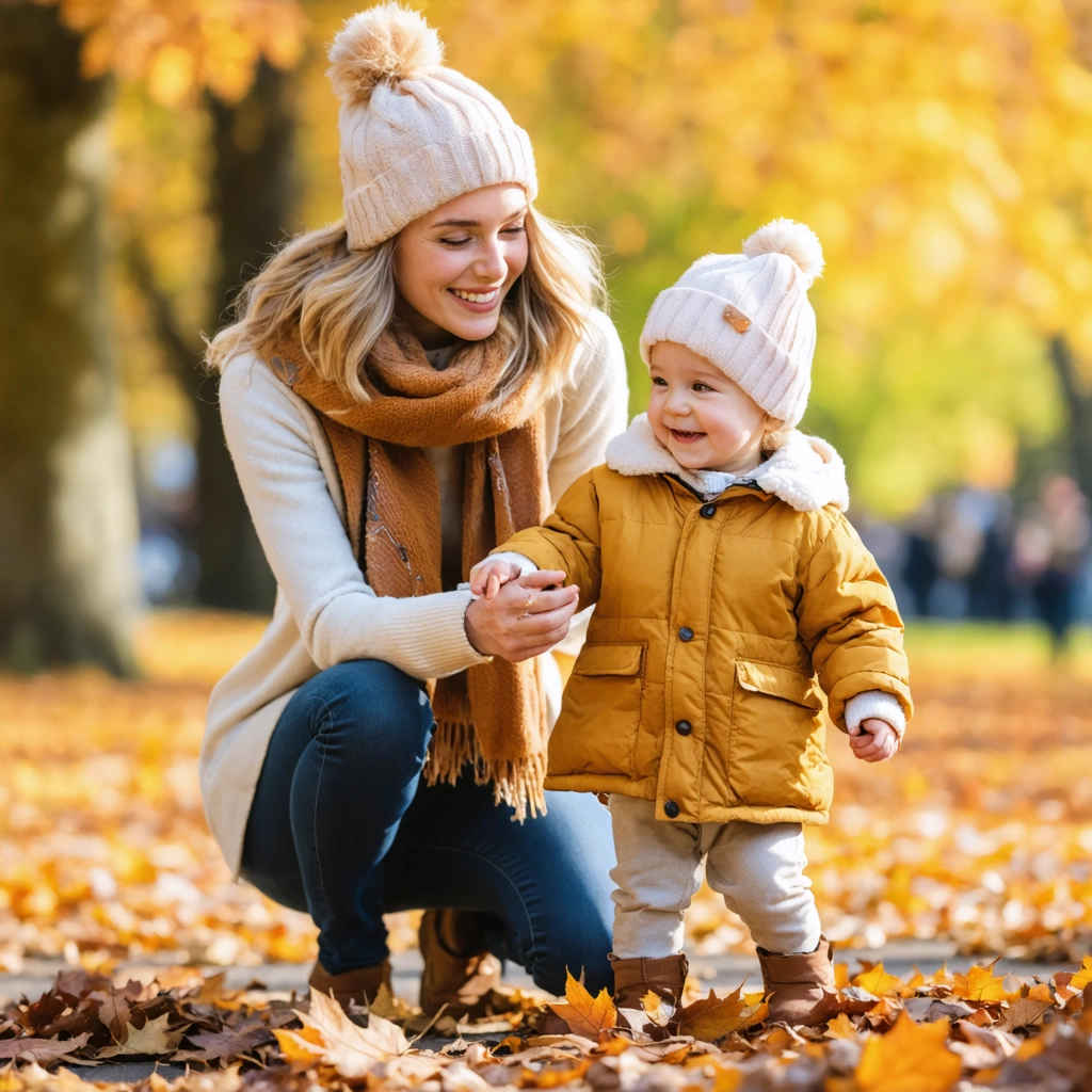 Maman et bébé jouant ensemble dans le parc en automne, entourés de feuilles colorées.