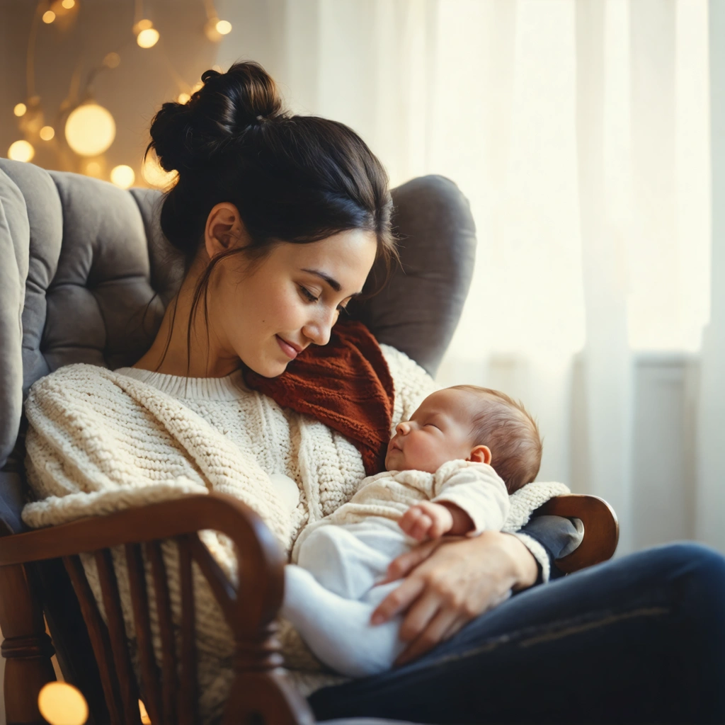 Une mère berçant tendrement son bébé pour l'endormir, dans une chambre d'enfant apaisante et réconfortante.