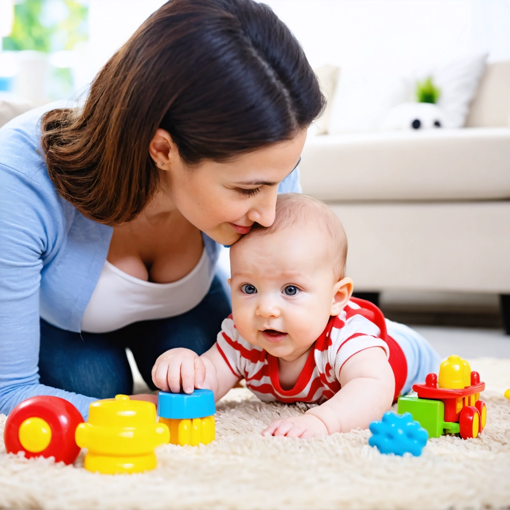 Une maman soutient la tête de son bébé de 3 mois entourée de jouets colorés