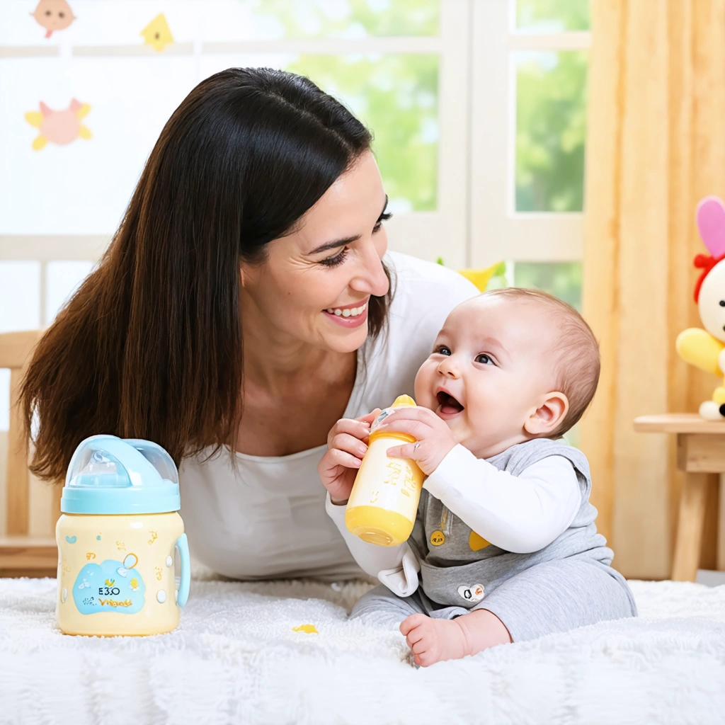 Une maman souriante nourrissant son bébé avec un biberon de 120ml chez elle.