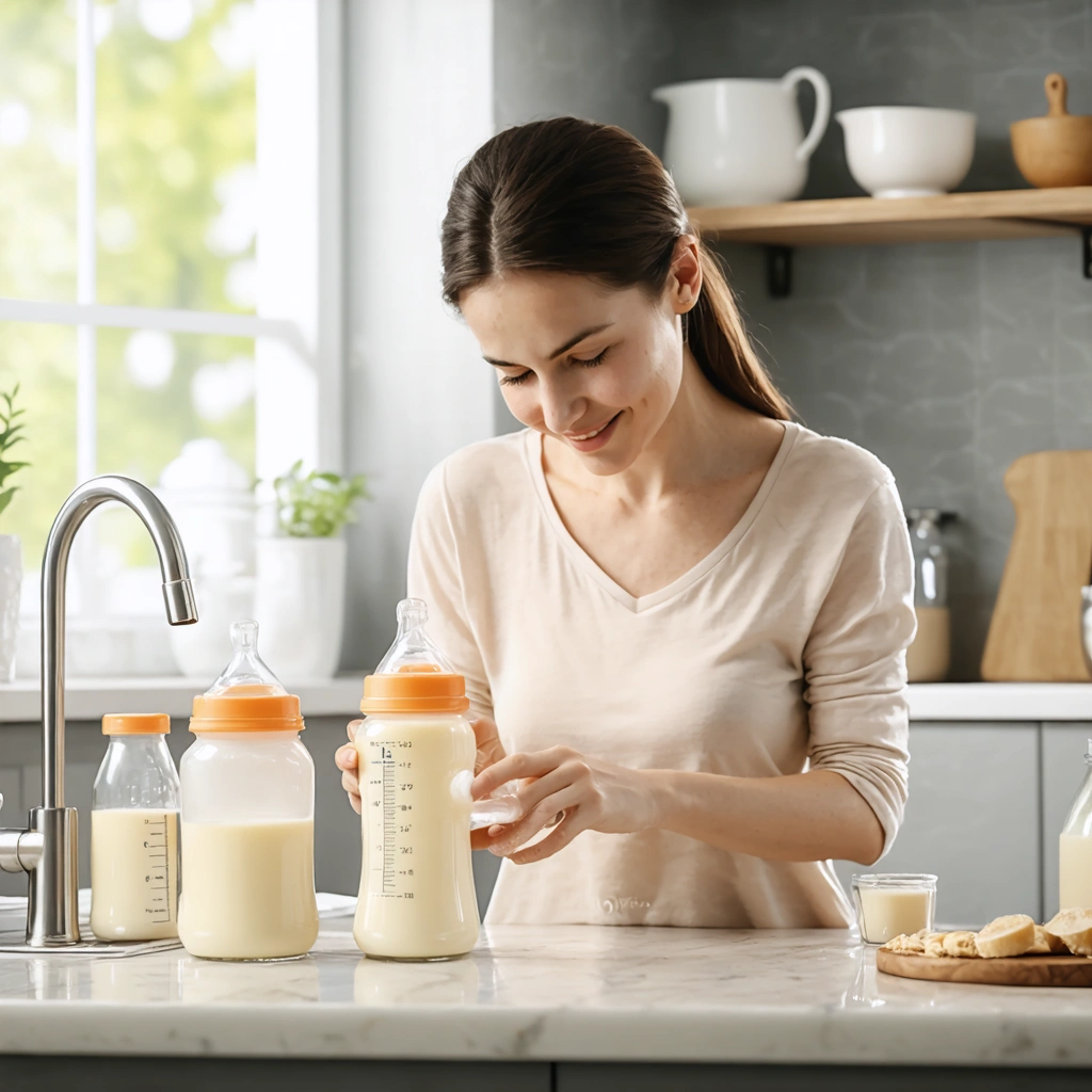 Maman préparant du lait infantile dans une cuisine chaleureuse.