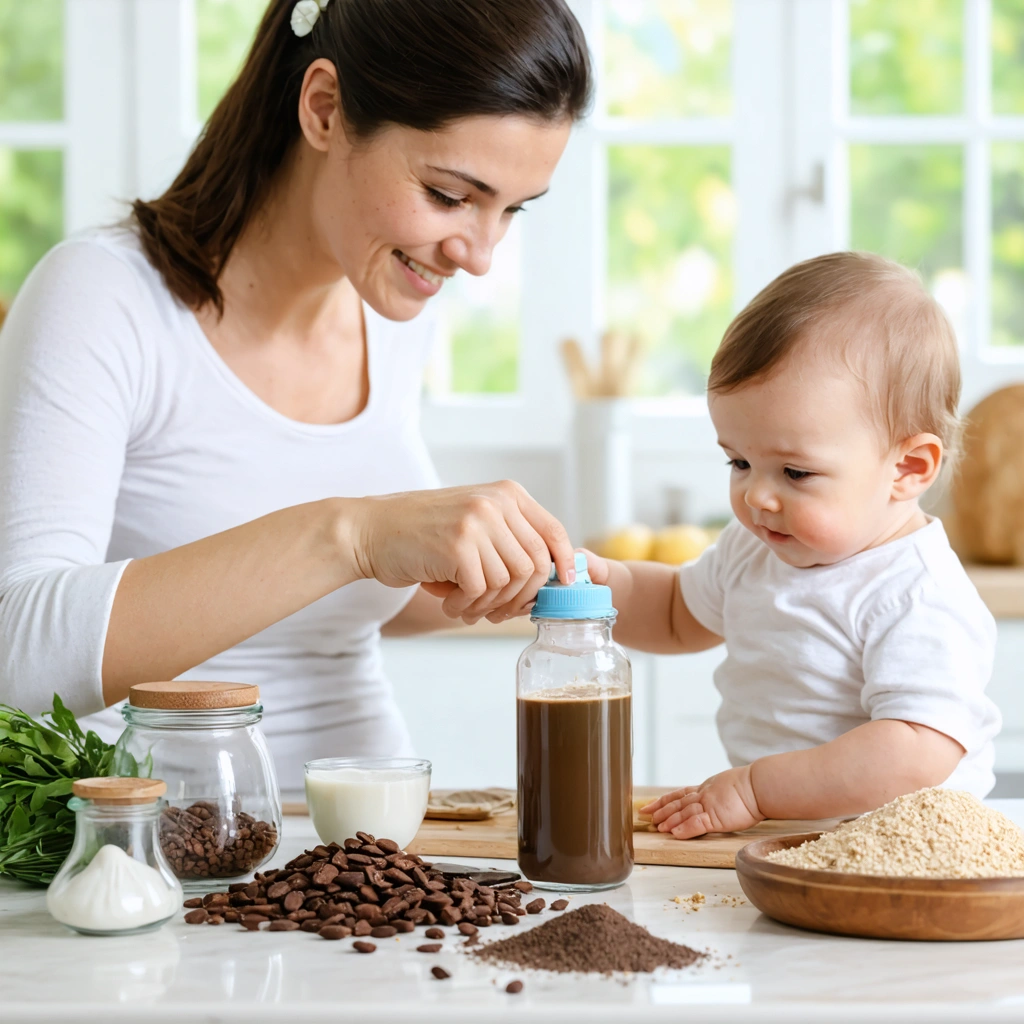 Une maman dans une cuisine prépare un biberon de lait pour bébé avec des ingrédients naturels