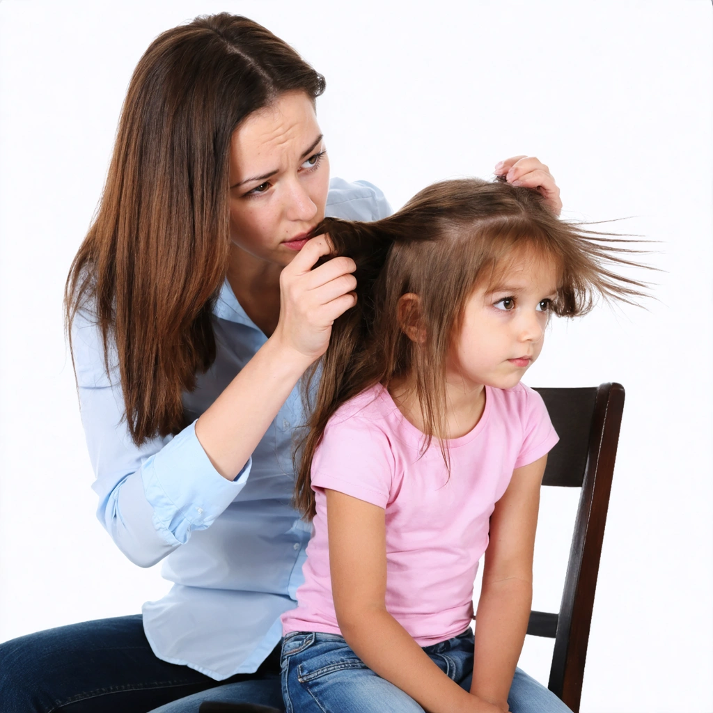 Une mère examinant les cheveux de sa fille pour des lentes