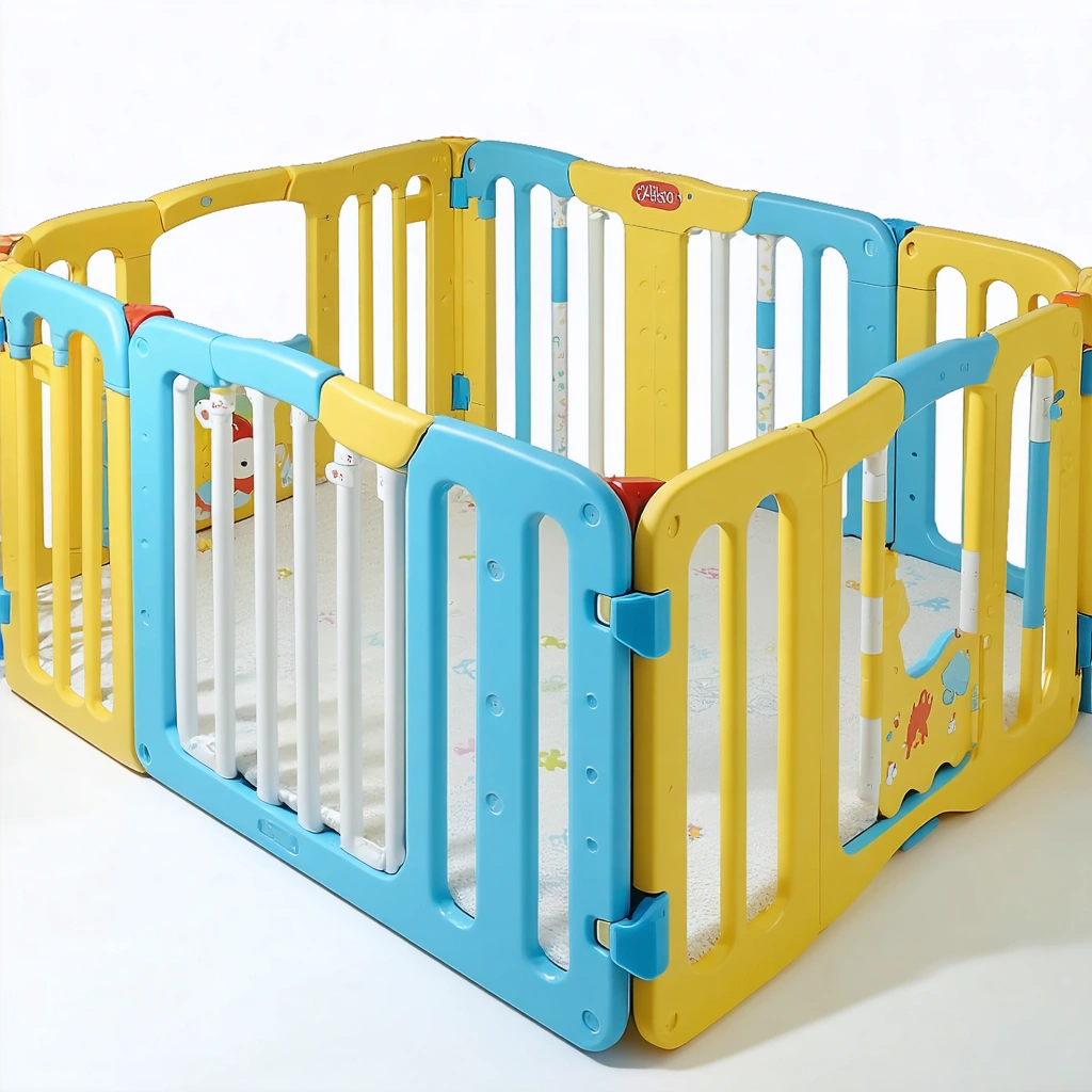 Un parc pour enfants modulable et ajustable qui s'adapte à la croissance de l'enfant, montrant un bébé en transition du rampement à la marche.