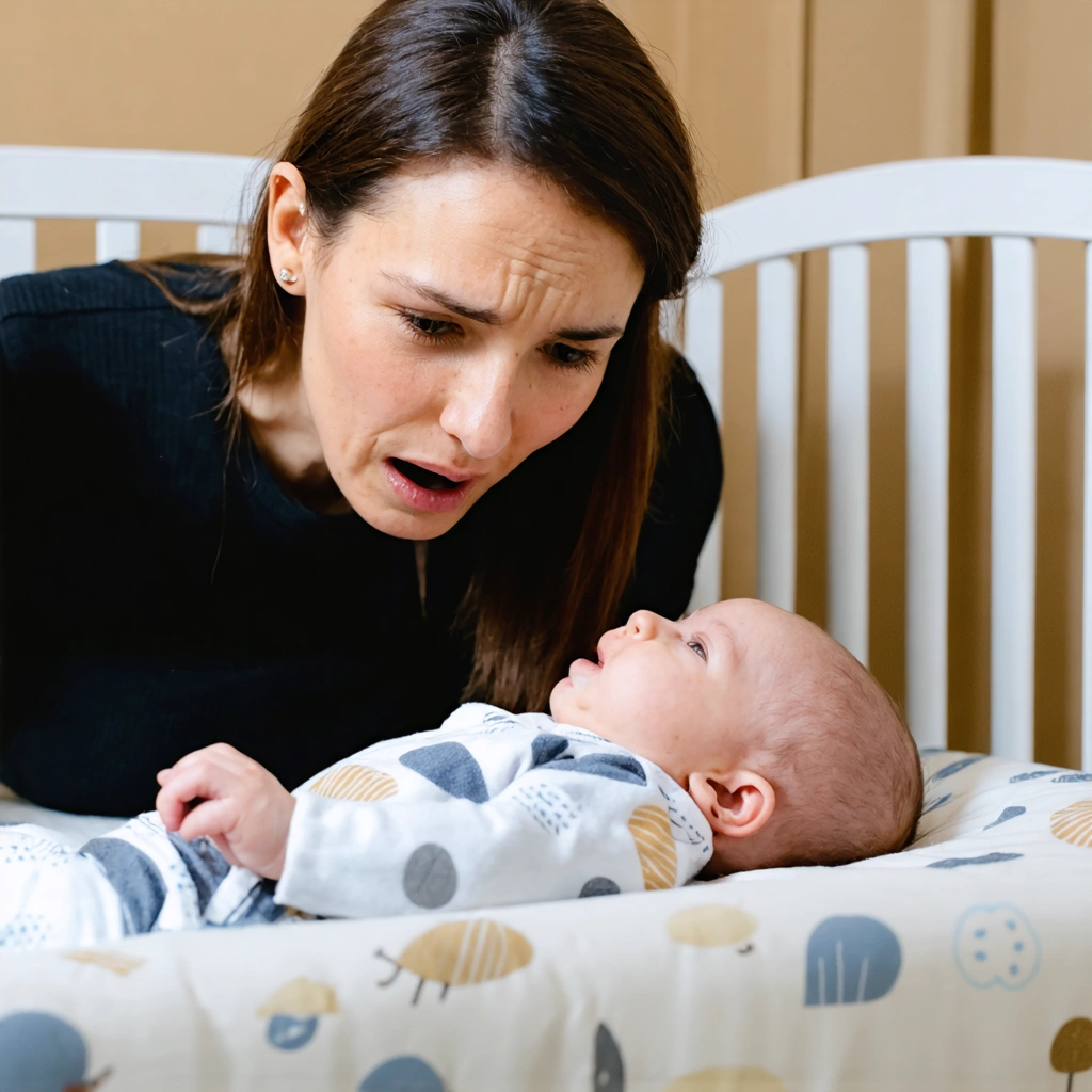 Un parent préoccupé observant attentivement un bébé dans un berceau, montrant des signes de faibles pleurs ou de faiblesse musculaire, dans un environnement domestique rassurant.