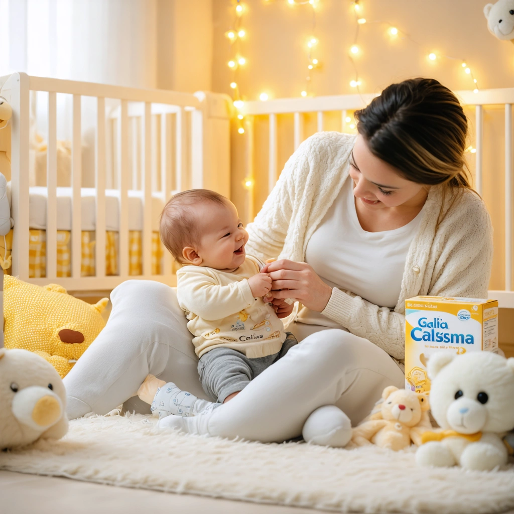 Parent donnant le biberon à un bébé avec une boîte de lait Gallia Calisma 1 à côté.