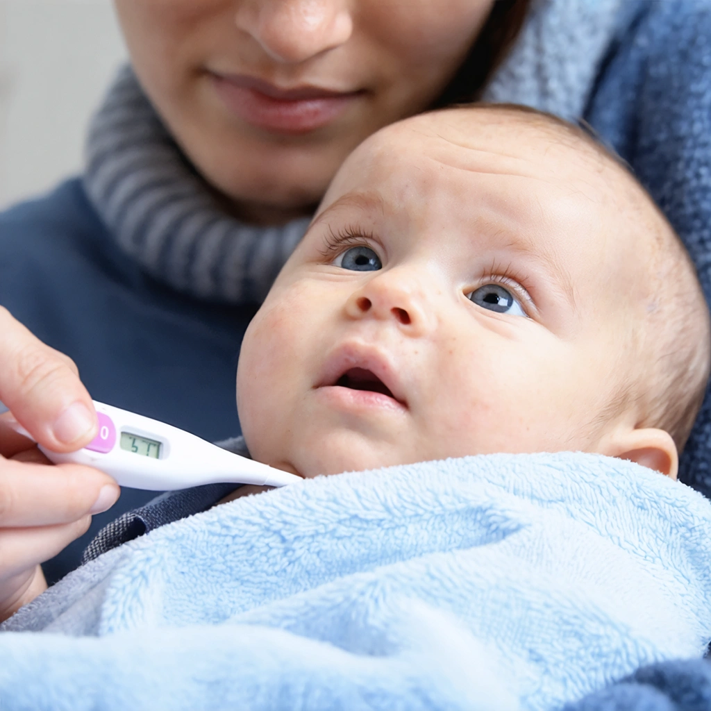 Parent prenant soin d'un bébé avec un thermomètre en main, montrant chaleur et attention