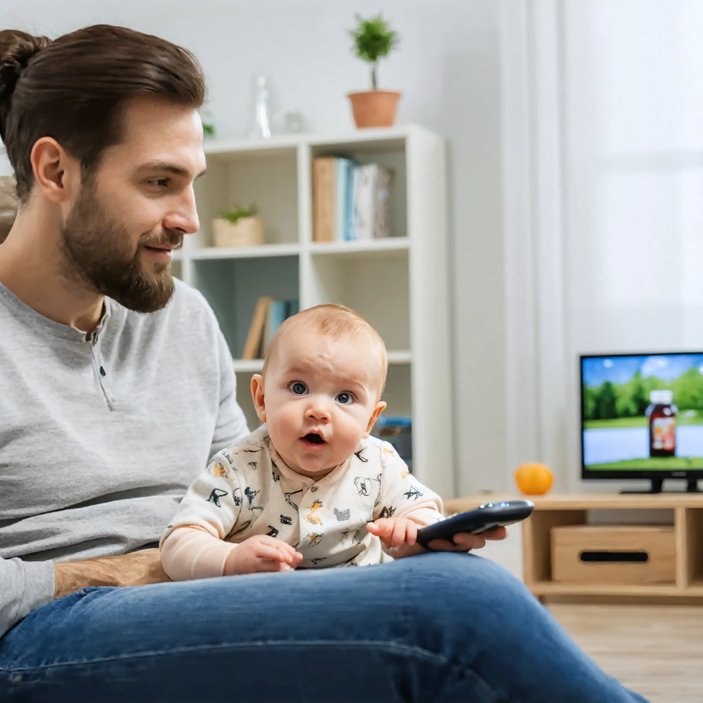 Un parent calme dans un intérieur chaleureux, regardant un flacon de vitamines sur une étagère, avec un bébé joueur en arrière-plan.