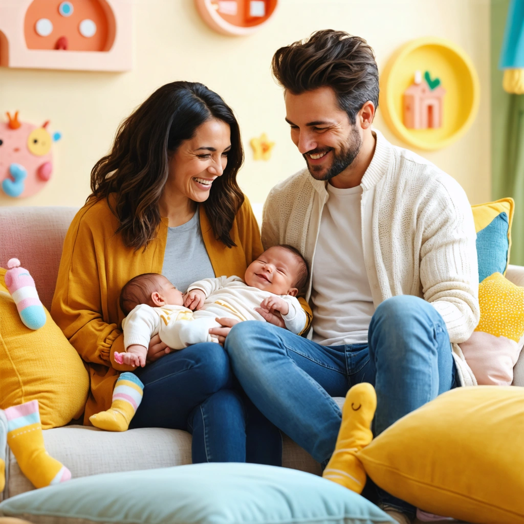 Des parents de bébés prématurés se soutenant dans une salle d'attente colorée et chaleureuse, partageant des anecdotes et des sourires, avec un détail amusant de chaussons utilisés comme protection auditive.