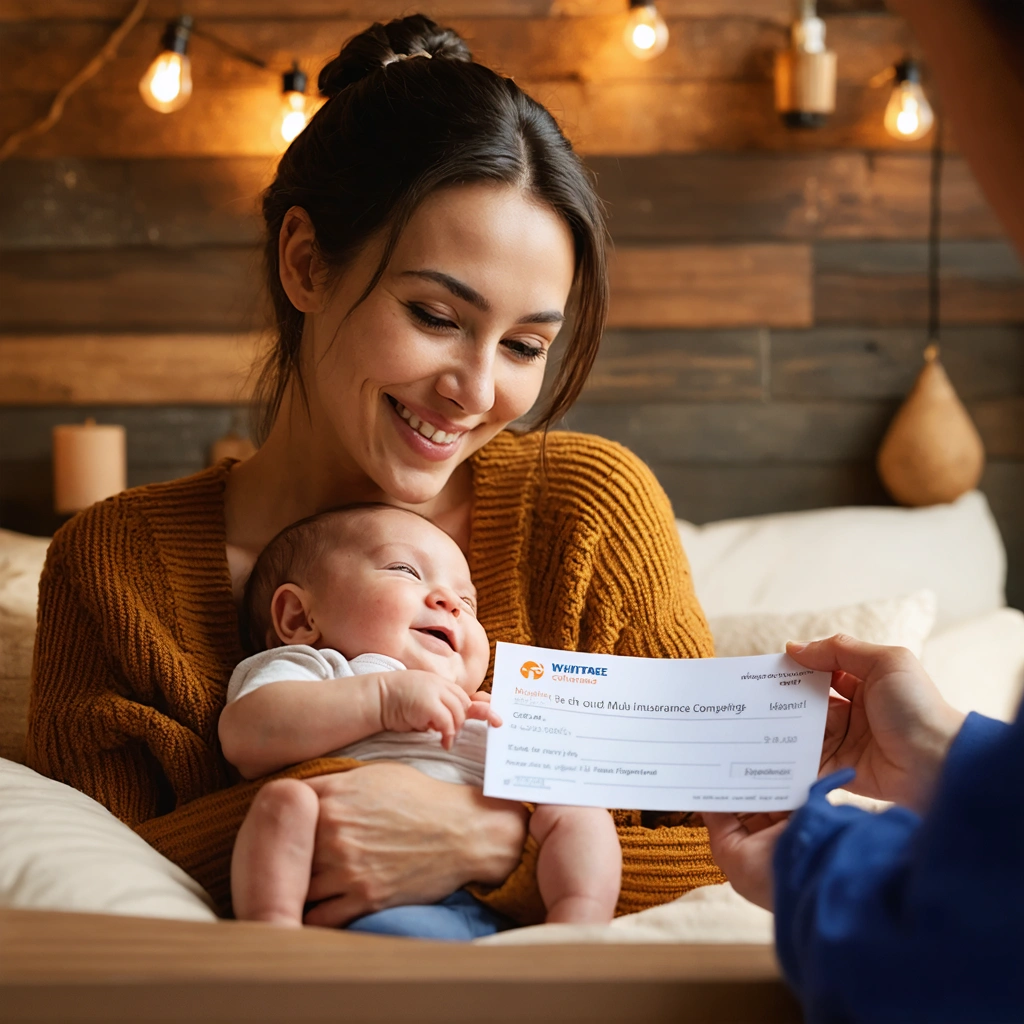 Une mère souriante allaite son bébé dans une atmosphère chaleureuse, recevant un certificat symbolique d'une société d'assurance.