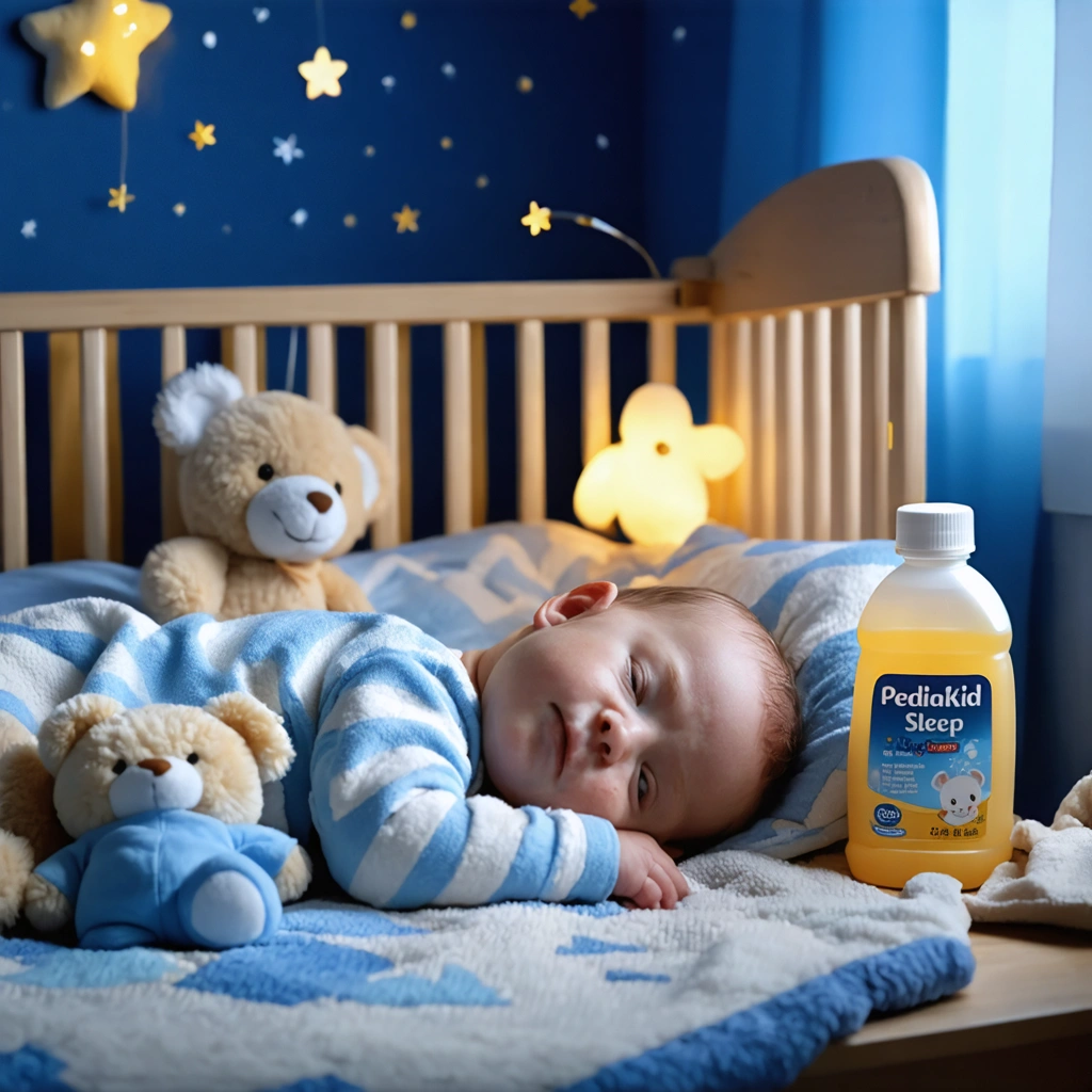 Un bébé dormant paisiblement dans une crèche avec un sirop Pediakid Sommeil.