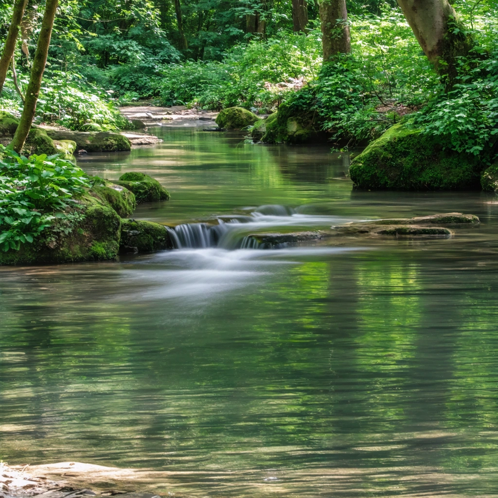 Une source d'eau pure entourée de verdure luxuriante, illustrant la pureté et la douceur.