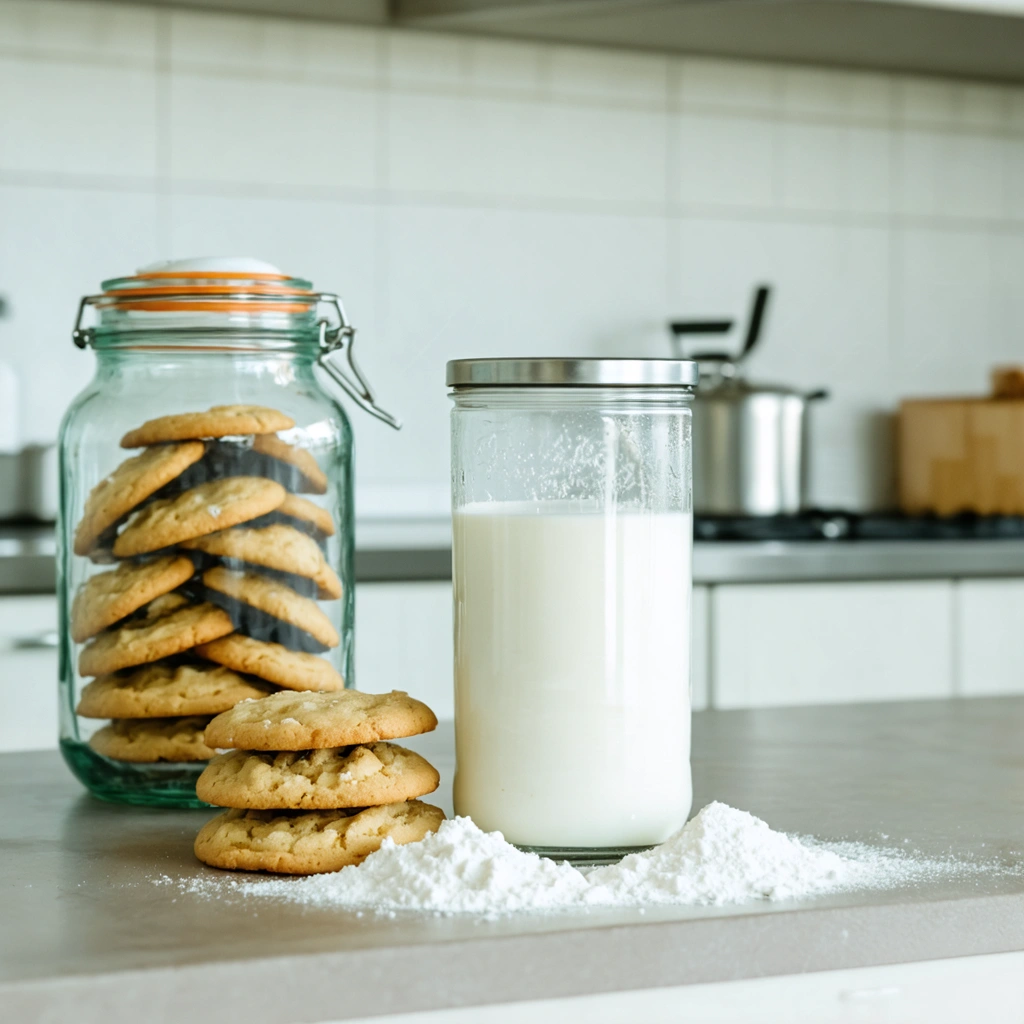 Une boîte de lait en poudre vieillie posée à côté d'un bocal de cookies sur un comptoir de cuisine, illustrant la précaution et la santé du bébé.