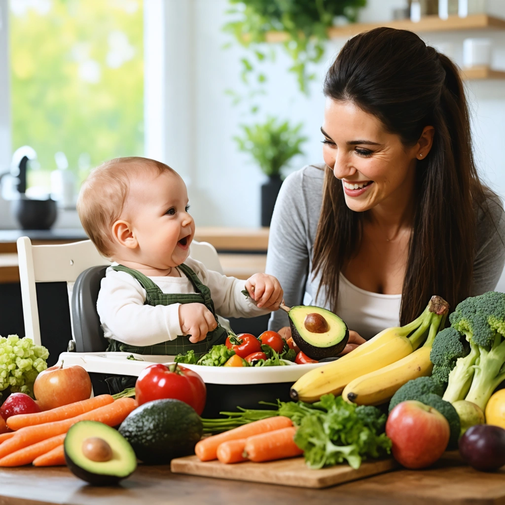 Une mère nourrissant son bébé avec des aliments sains et variés, comme des fruits et légumes, dans une ambiance chaleureuse et lumineuse.