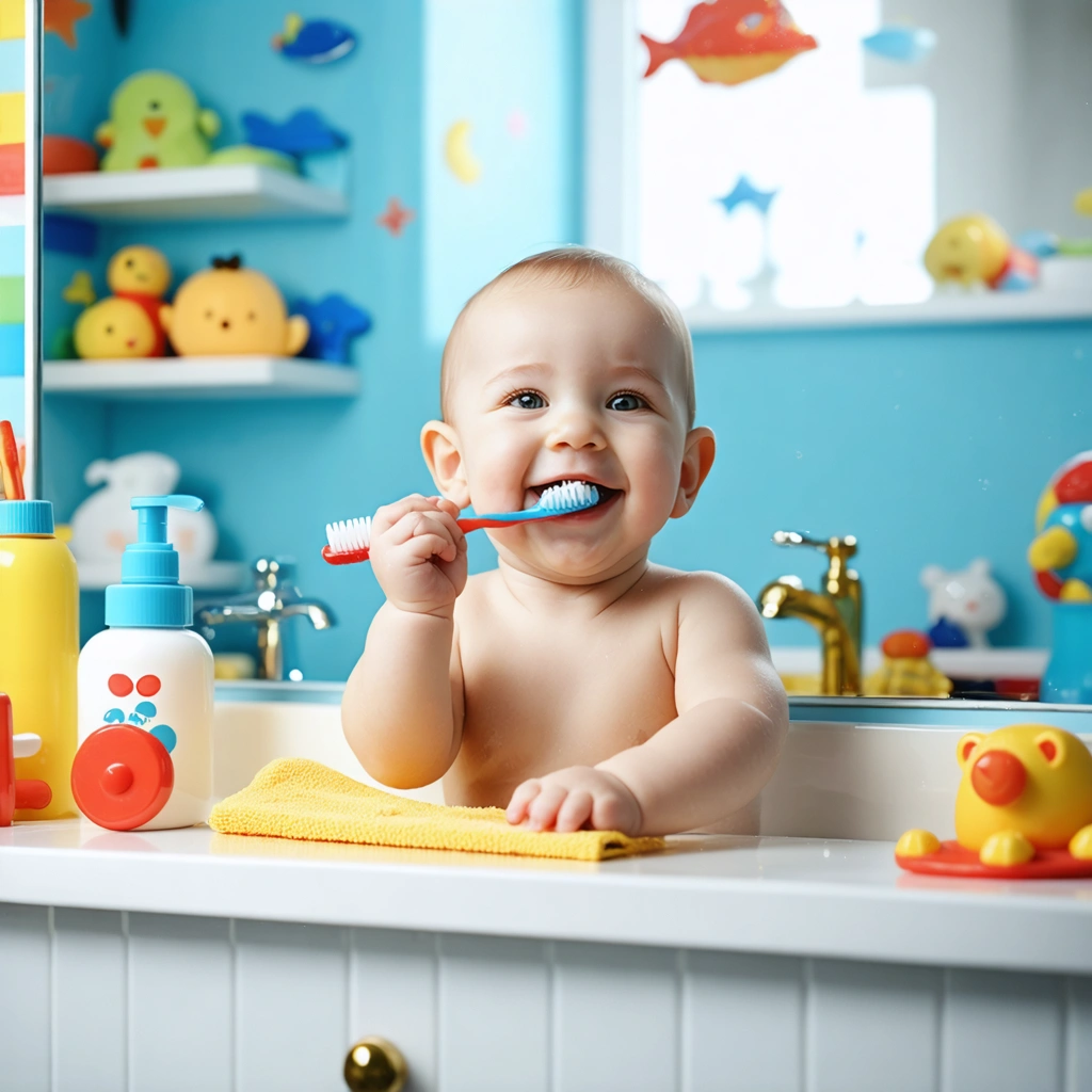 Un bébé joyeux assis dans une salle de bain colorée, tenant une brosse à dents ludique, souriant devant un miroir et entouré de jouets.