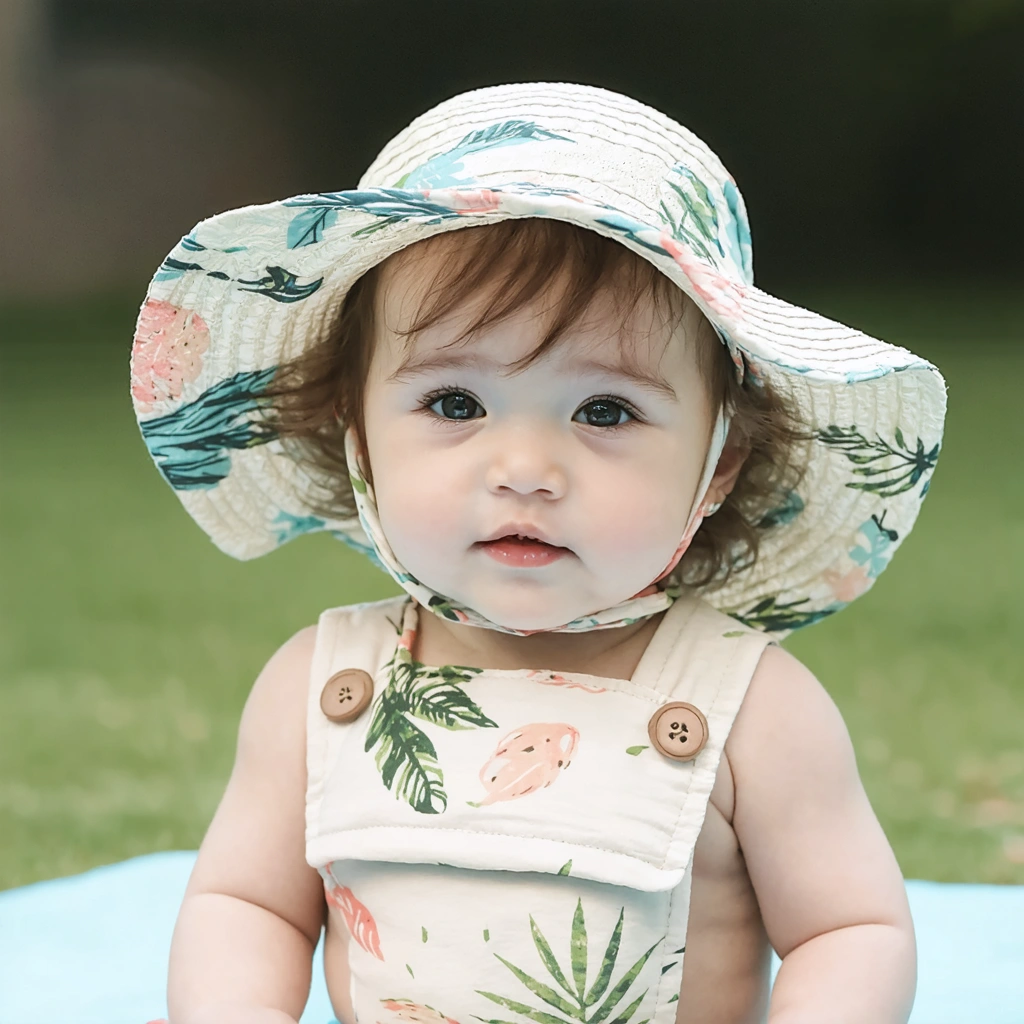 Un bébé portant un chapeau à large bord avec un cordon de maintien, assis à l'extérieur par une journée ensoleillée, dans une ambiance estivale. Le chapeau est décoré de motifs tropicaux et de couleurs pastel, et le bébé affiche une expression adorable et joueuse.