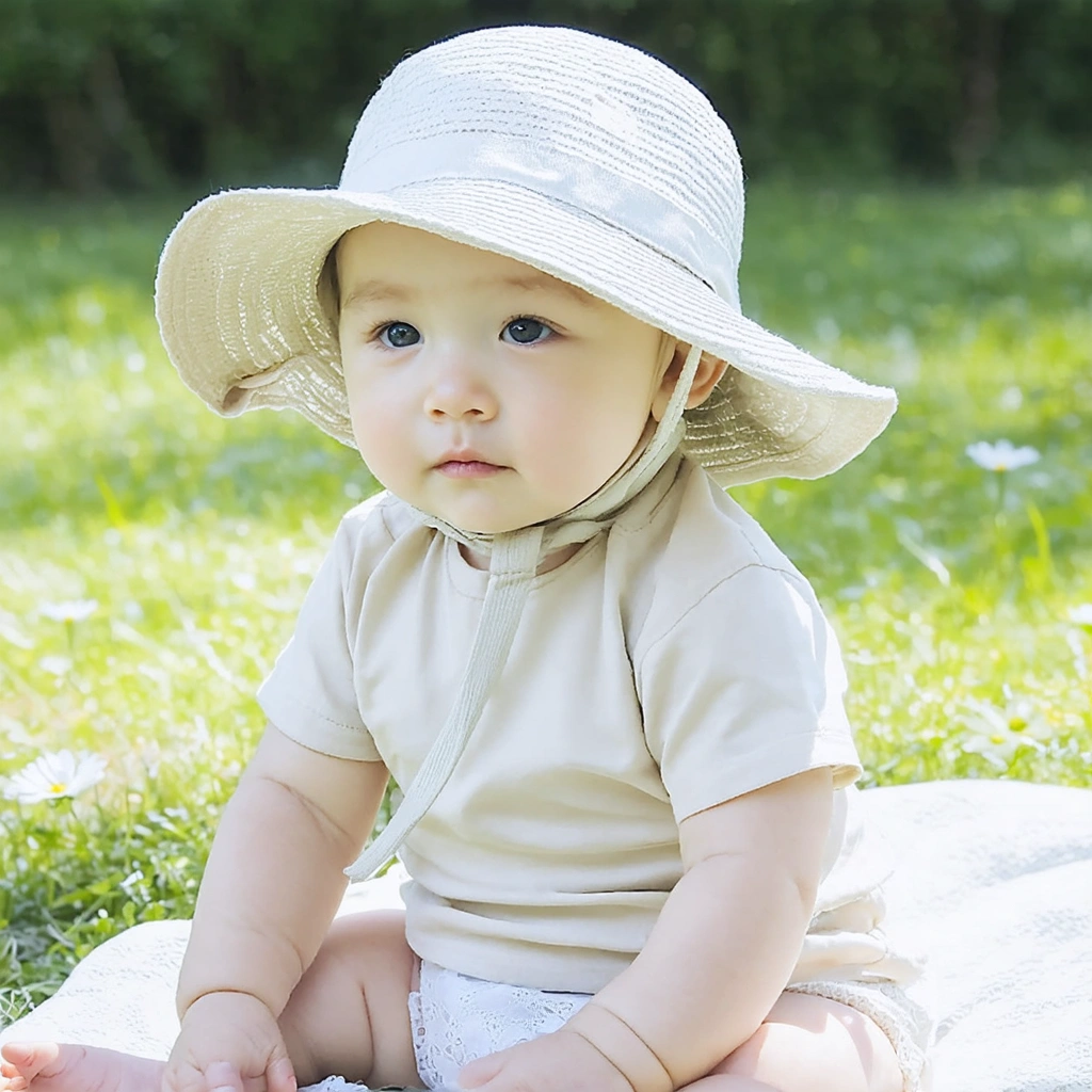 Bébé portant un chapeau à large bord avec un protège-nuque, assis sur de l'herbe sous un soleil doux, entouré de fleurs et de verdure.