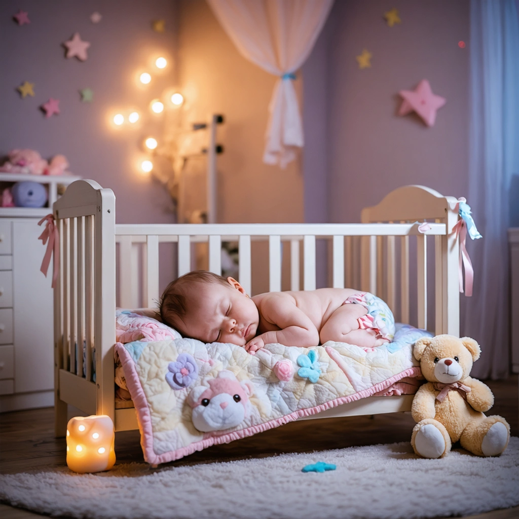 Un bébé endormi paisiblement dans son lit avec une peluche et une veilleuse apaisante.