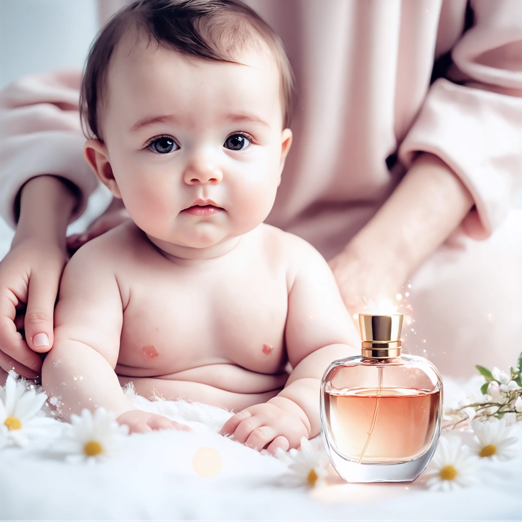 Illustration d'un bébé avec une peau délicate près d'une personne adulte qui porte du parfum sur ses poignets et vêtements, avec un flacon de parfum en arrière-plan.