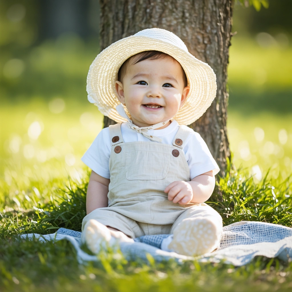 Un bébé habillé légèrement avec un chapeau large sous l'ombre d'un arbre en été.