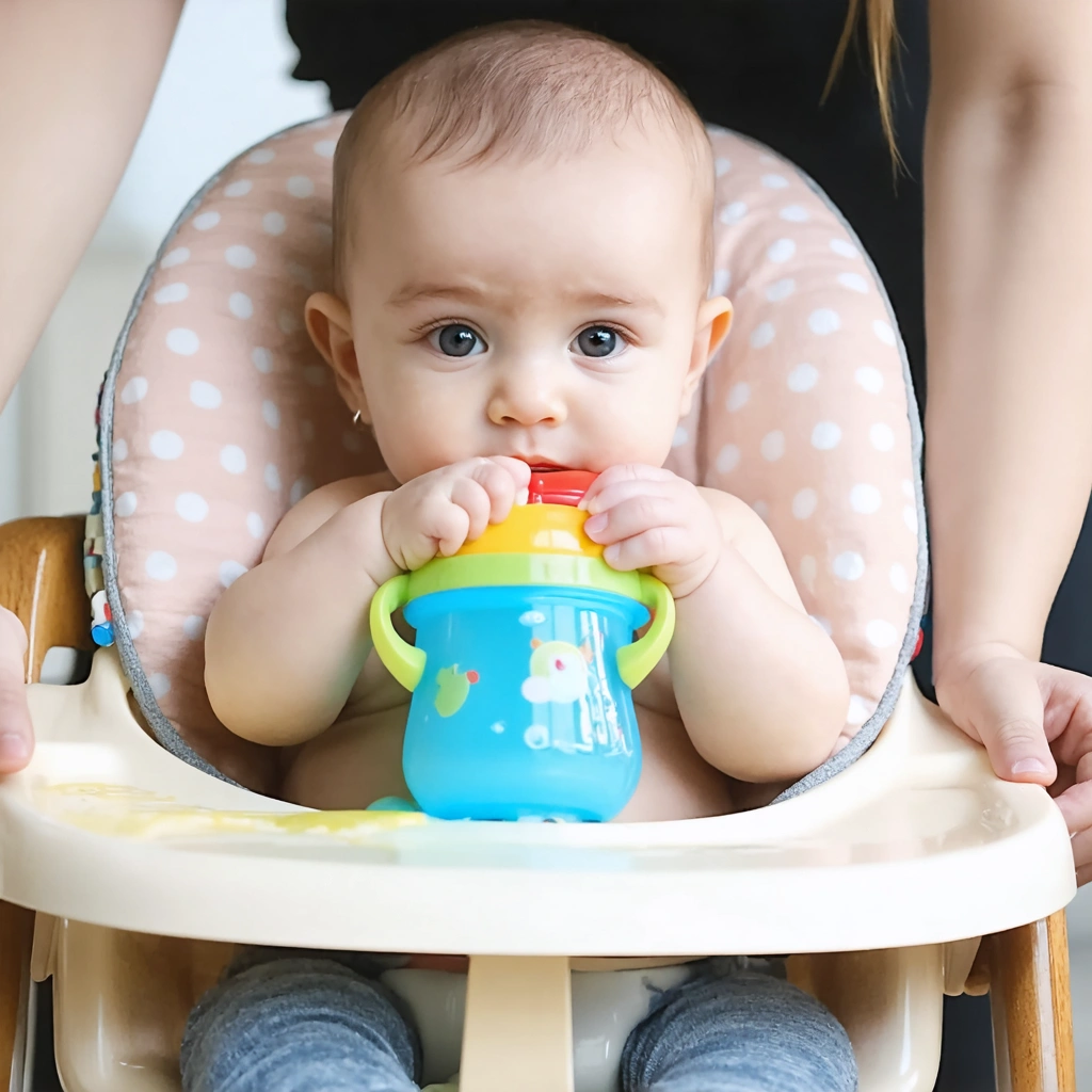 Bébé assis dans une chaise haute tenant un gobelet coloré, avec des mains parentales pour l'aider.