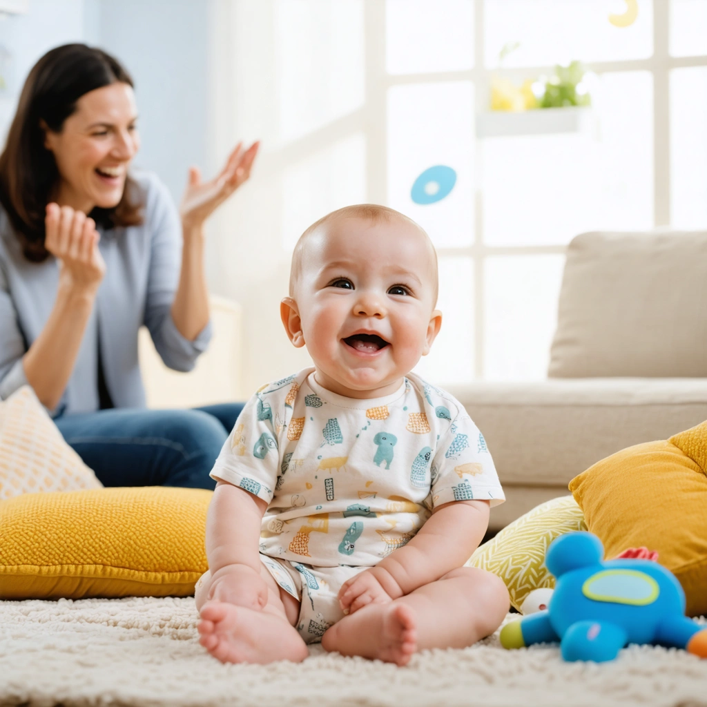 Un bébé assis pour la première fois dans un salon lumineux, entouré de jouets colorés et soutenu par des coussins, avec une maman souriante l'encourageant.