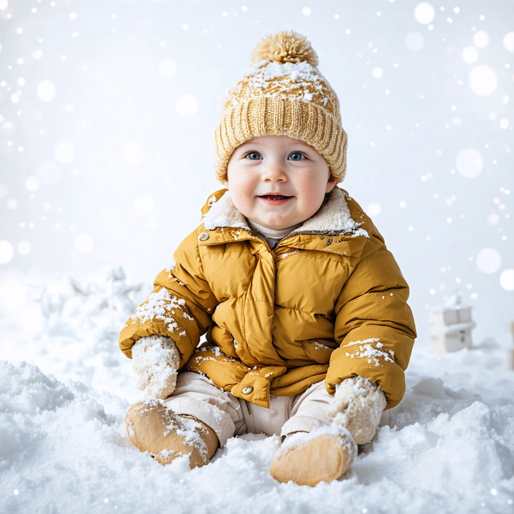 Un bébé habillé pour l'hiver avec bonnet, moufles et veste dans la neige.