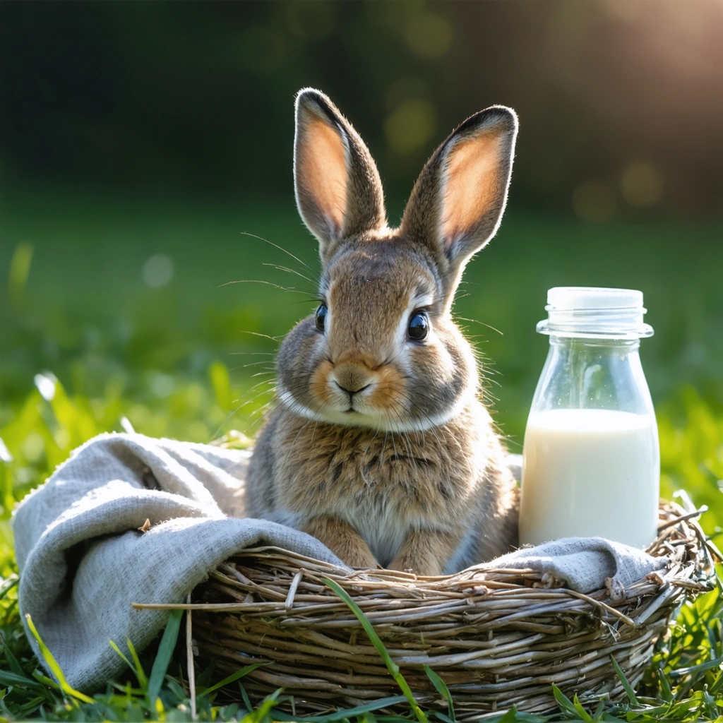 Un bébé lièvre brun assis dans un nid douillet de gazon et tissu, avec un biberon de lait à proximité sous une lumière naturelle.