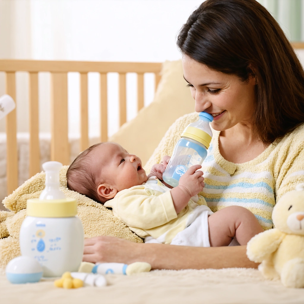 Maman donnant un biberon à son bébé dans une chambre chaleureuse avec des jouets.