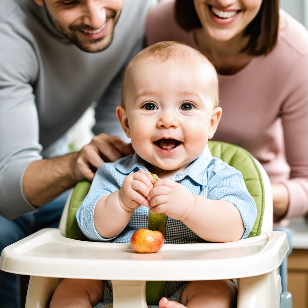 Un bébé souriant assis dans une chaise haute, tenant un morceau de fruit dans sa main, avec ses parents qui l'observent joyeusement.