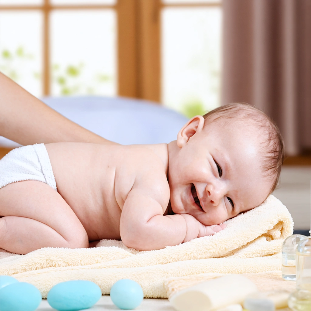 Un bébé allongé confortablement sur une serviette douce, recevant un massage avec une huile adaptée dans un environnement chaleureux et apaisant.