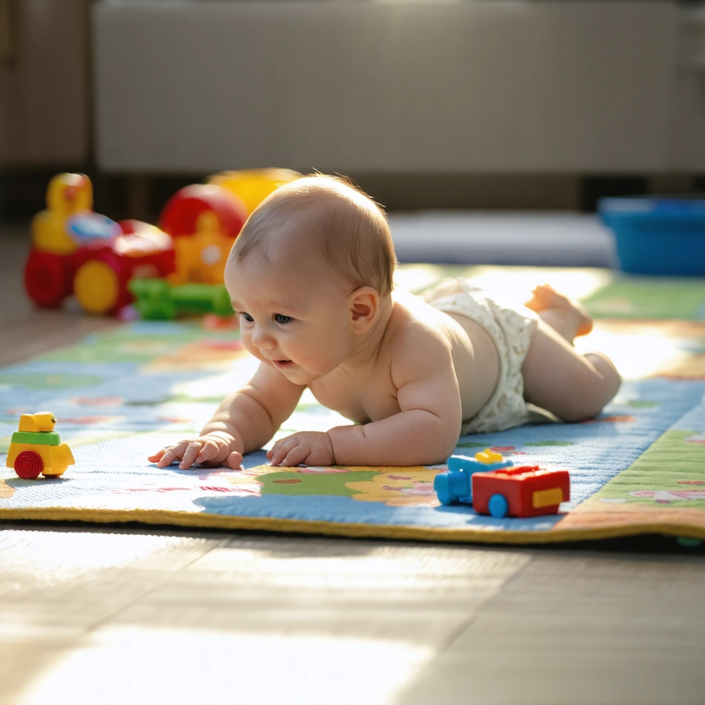 Bébé essayant de se retourner sur son tapis de jeu entouré de jouets colorés.