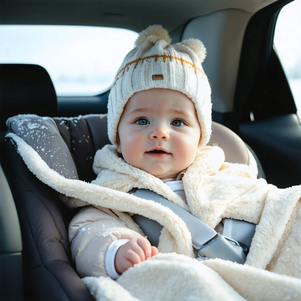 Un bébé attaché dans un siège auto, couvert d'une couverture fine, sans manteau encombrant, prêt pour l'hiver.