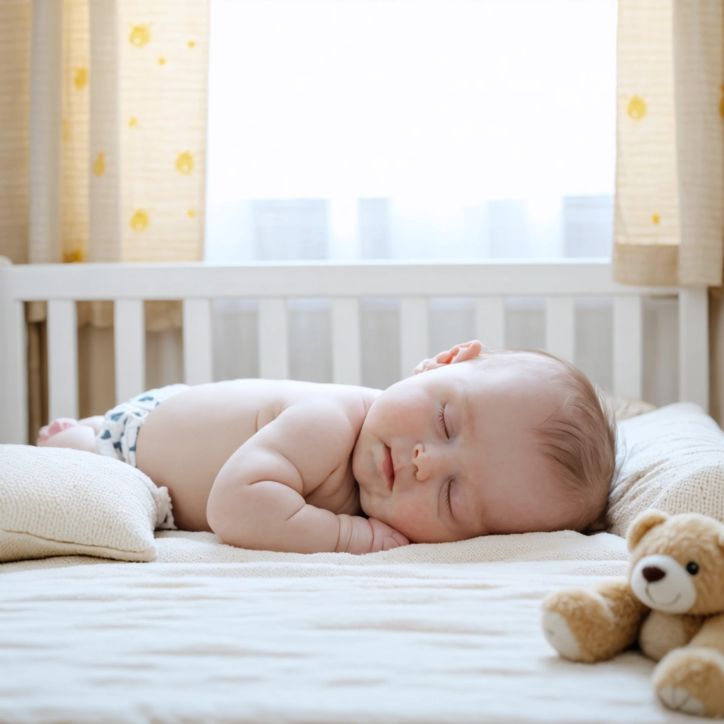 Un bébé dormant paisiblement dans une chambre lumineuse avec une peluche à ses côtés.