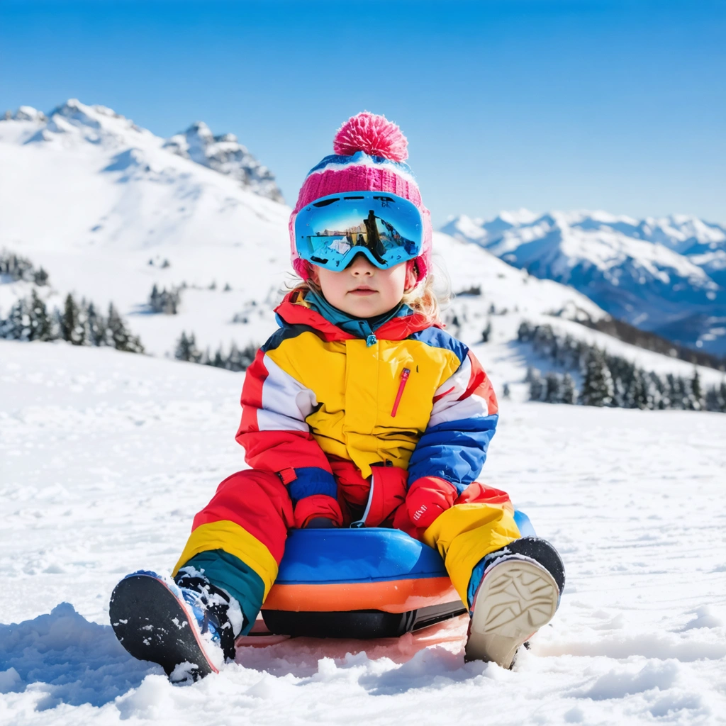 Un bébé habillé en sous-vêtement thermique coloré assis sur une luge dans un paysage enneigé de montagne, sous un ciel dégagé.