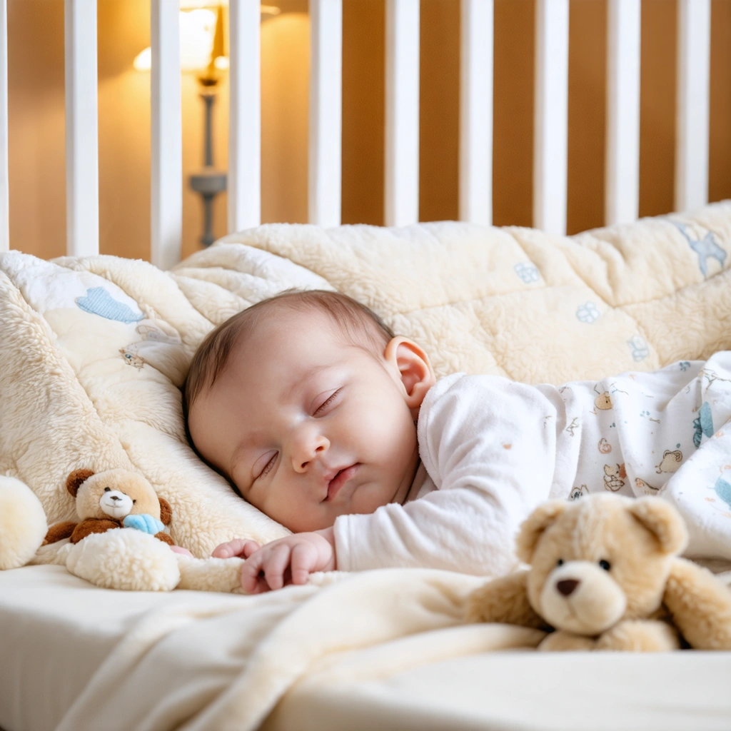 Un bébé d'un an dormant paisiblement dans un lit confortable avec une atmosphère apaisante.