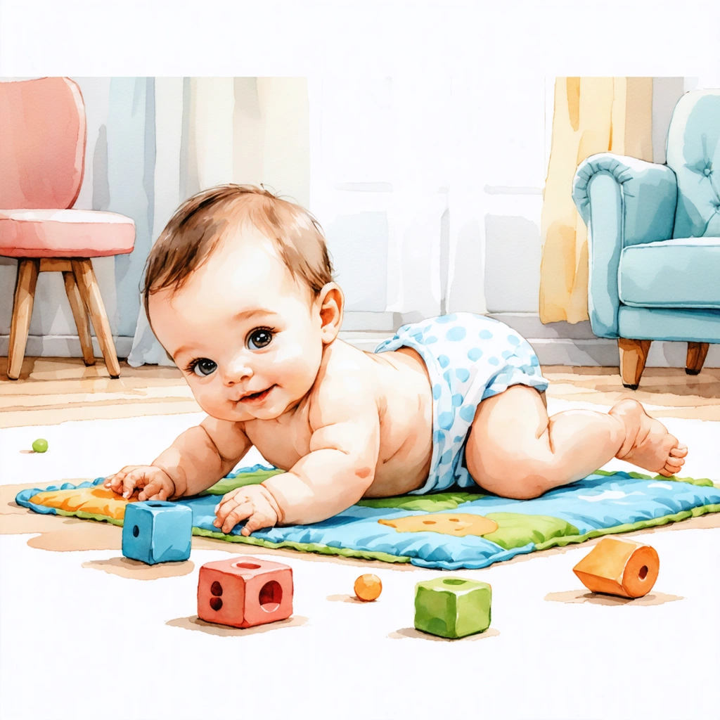 Bébé allongé sur le ventre sur un tapis douillet avec des jouets autour pour s'entraîner à se retourner.