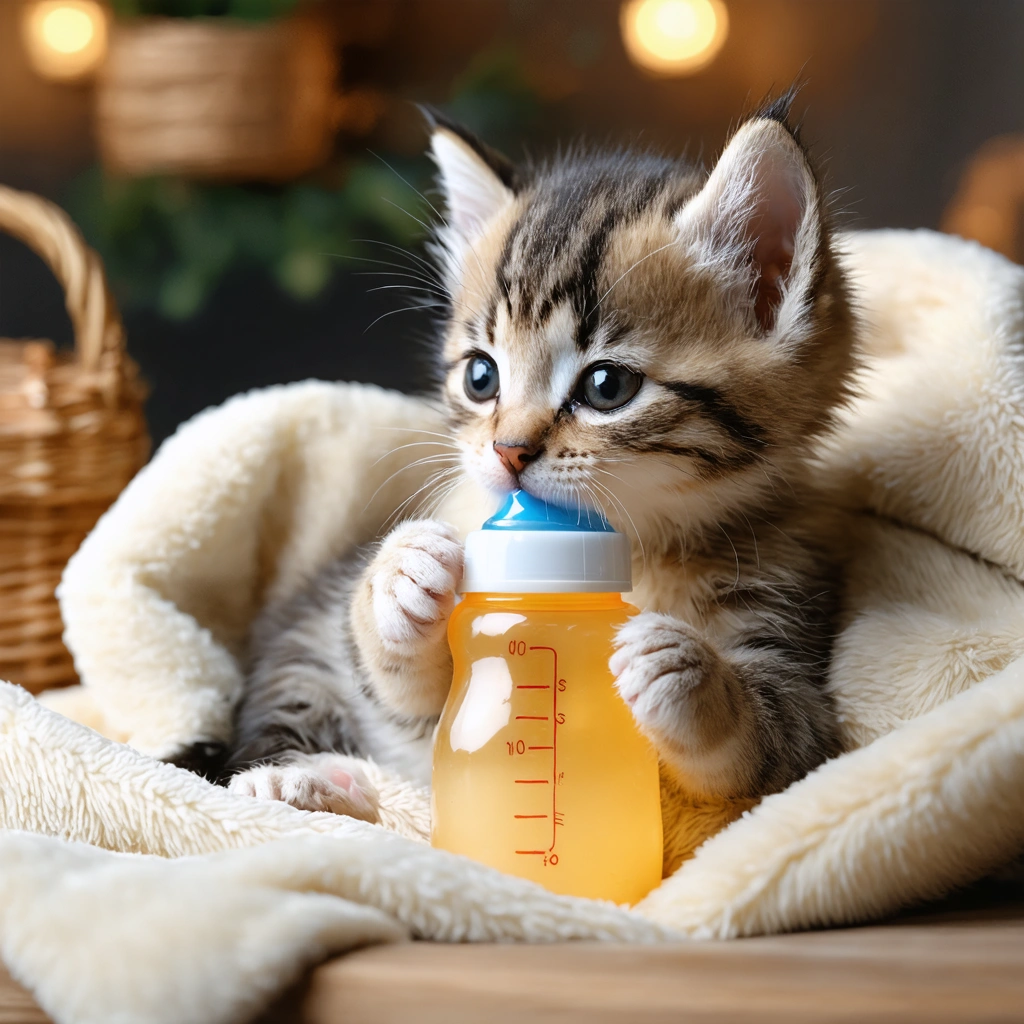 Un chaton nouveau-né nourri au biberon dans un cadre chaleureux.