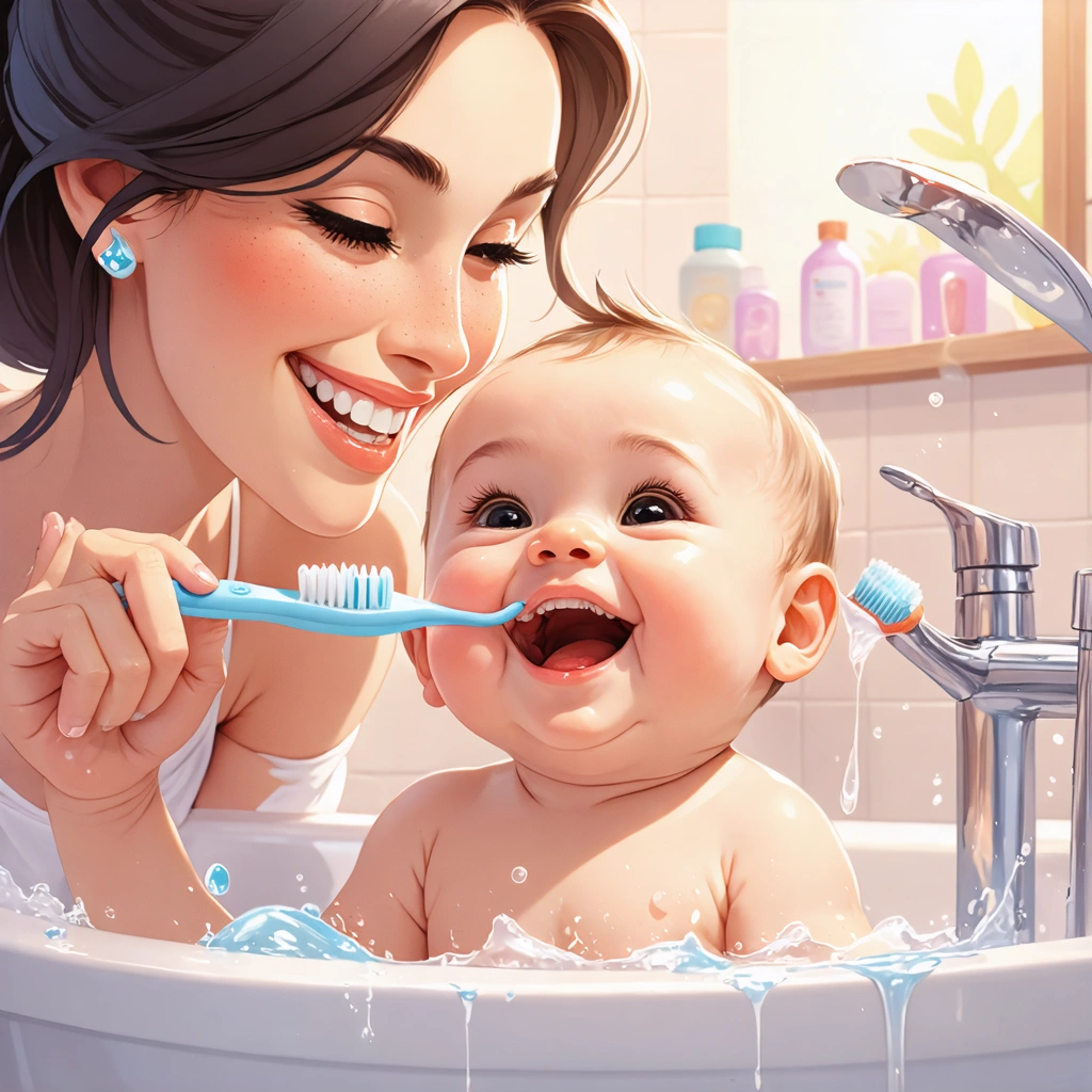 Une maman brossant les dents de son bébé avec une brosse à dents douce dans une salle de bain chaleureuse.