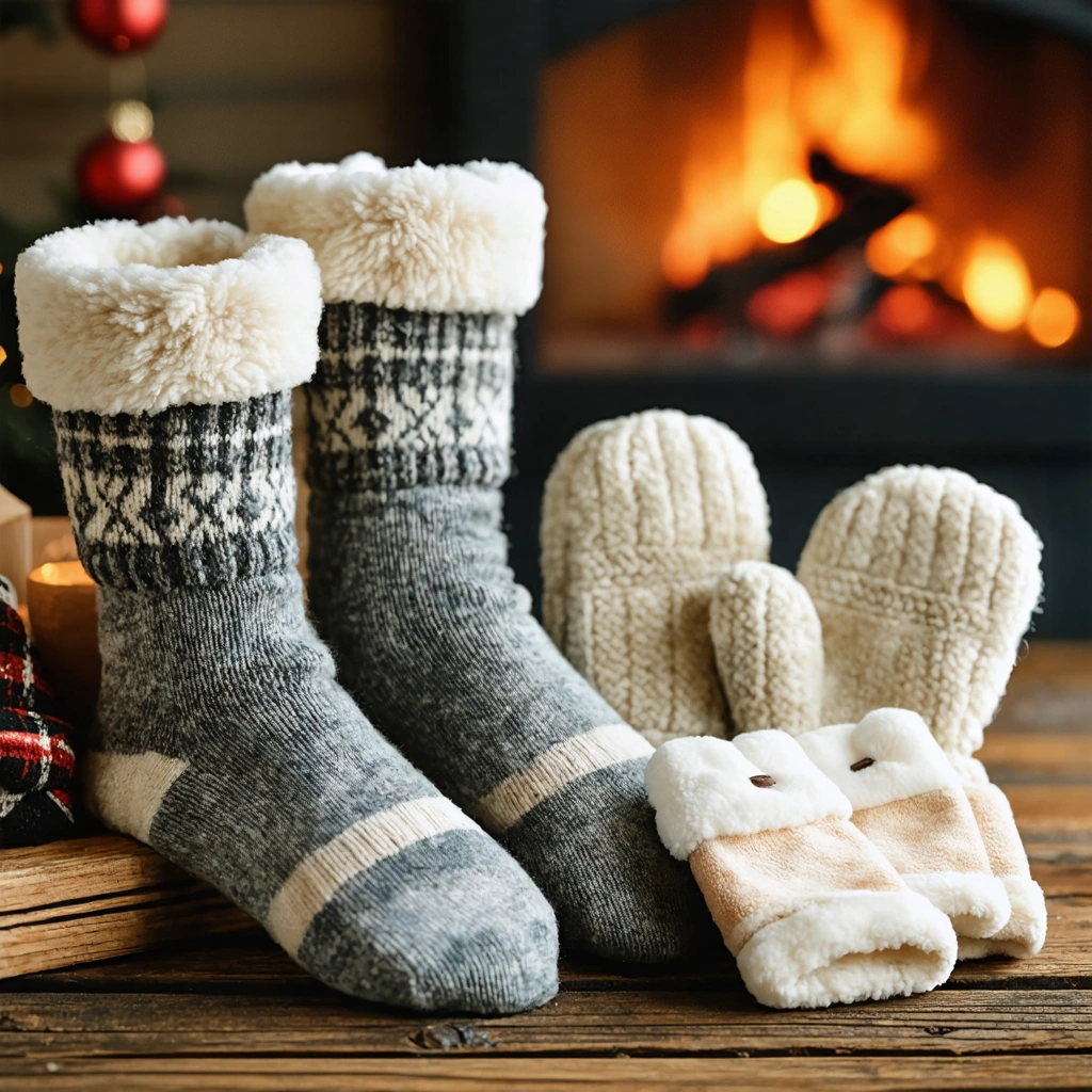 Paire de chaussettes épaisses, gants doublés en laine et moufles pour enfants posés sur une surface en bois, avec des chauffe-mains à proximité, évoquant une scène hivernale chaleureuse.