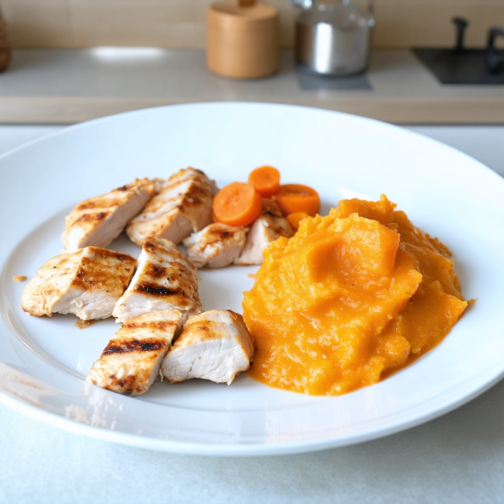 Assiette avec poulet cuit en cubes pour bébé, accompagnée d’une purée de carottes et patates douces.