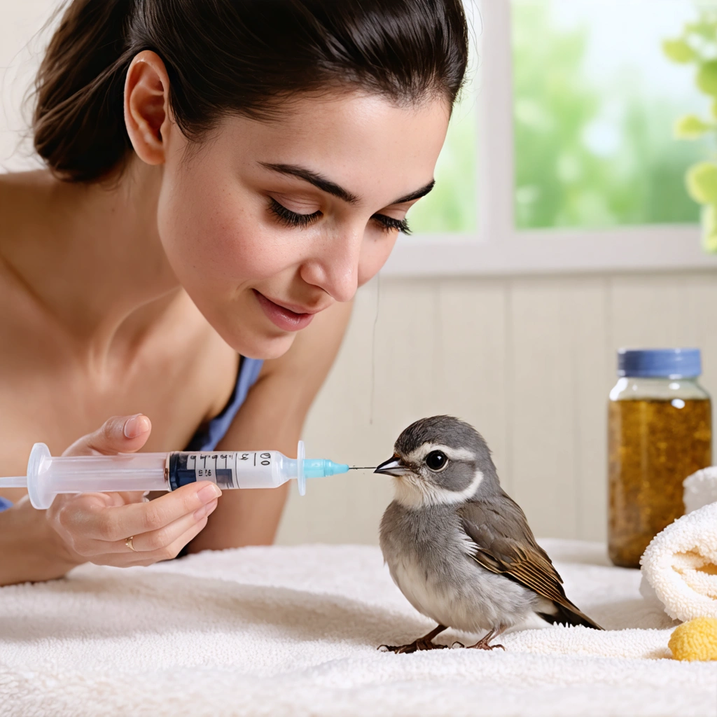 Femme nourrissant un oisillon avec une seringue dans un environnement chaleureux.