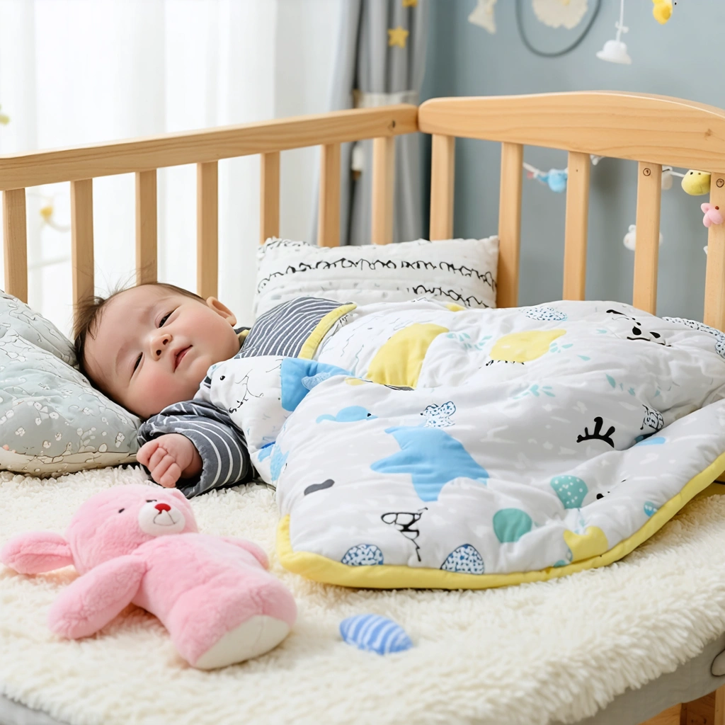 Un bébé dormant paisiblement dans une gigoteuse colorée dans un lit entouré d'une décoration chaleureuse.