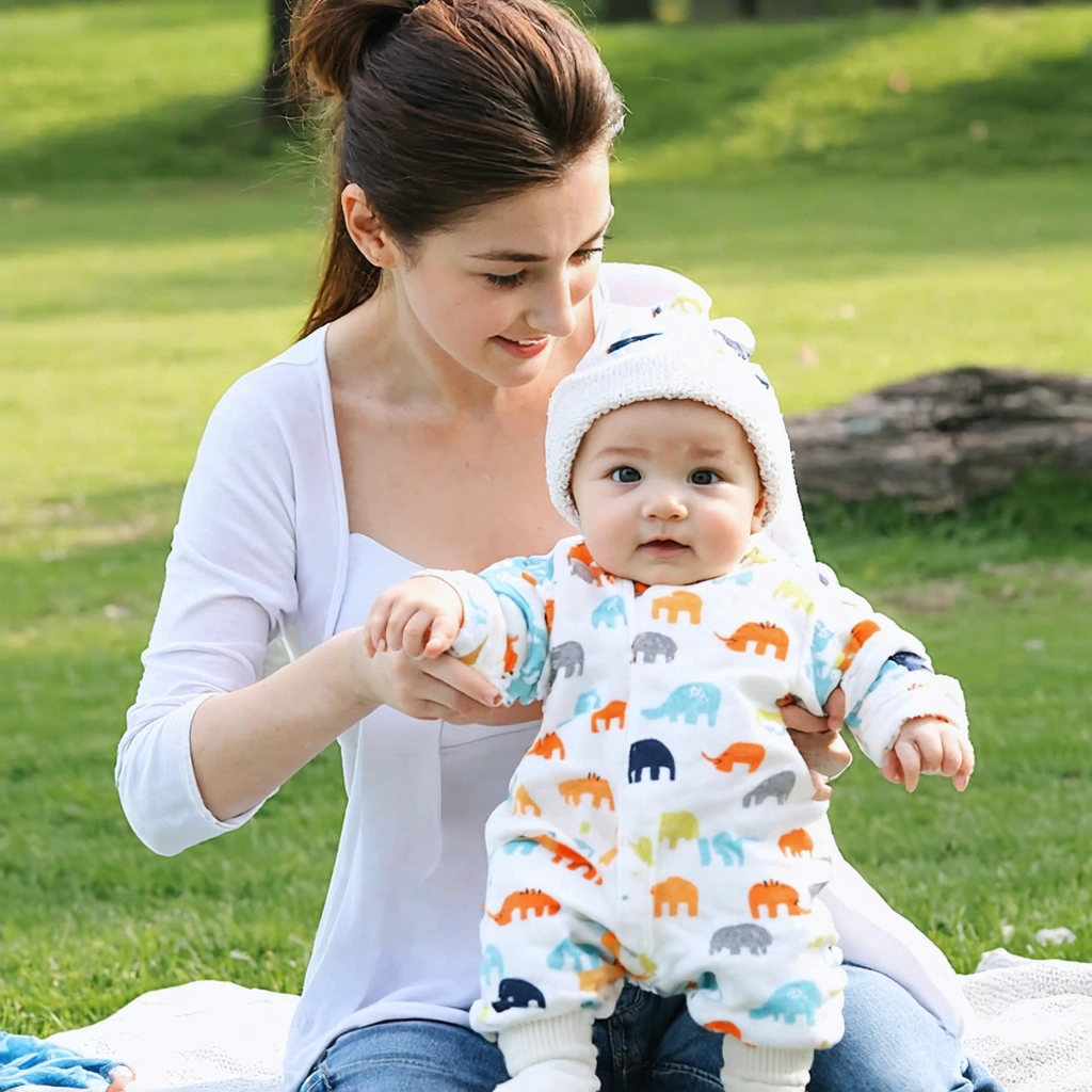 Une mère habillant son bébé dehors par une température de 17 degrés, avec des vêtements colorés adaptés au climat légèrement frais.